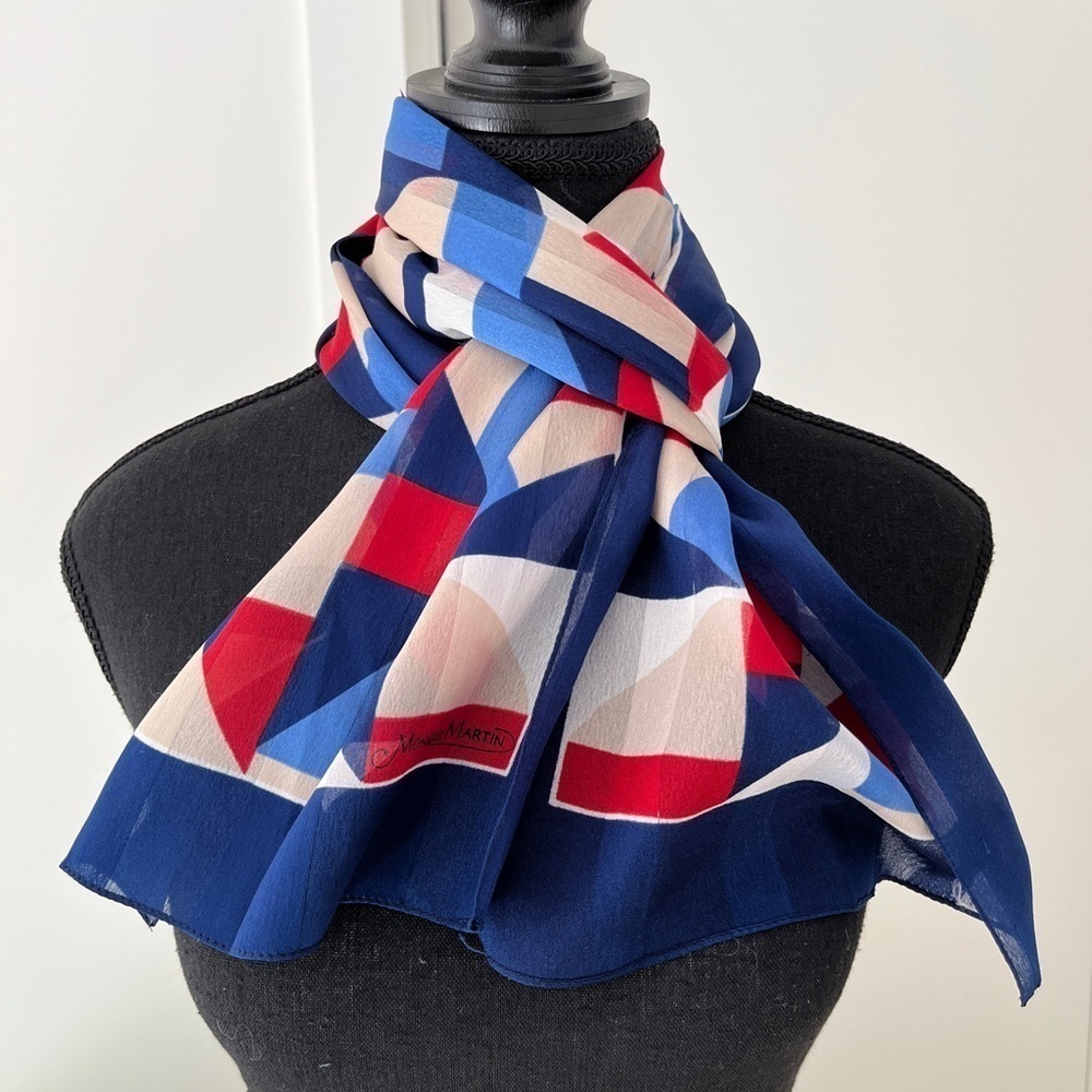 MONIQUE MARTIN Vintage Sheer Oblong Scarf Red White Blue Geometric Pattern